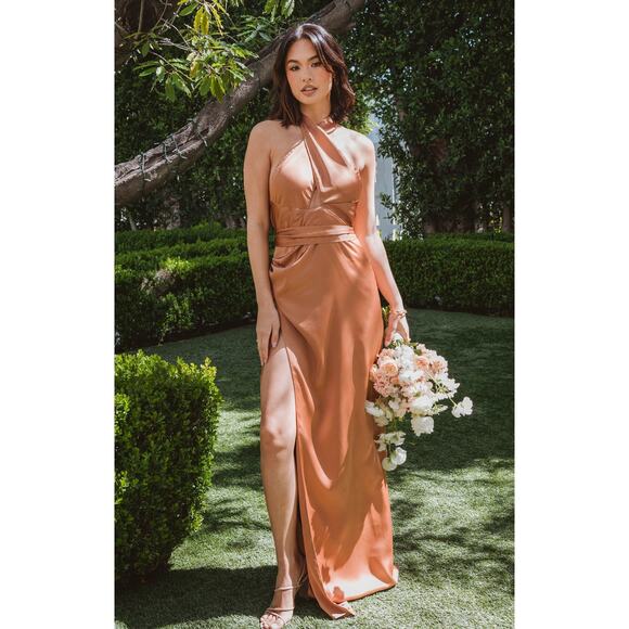 Show Me Your Mumu Adele Halter Maxi Dress in Copper Luxe Satin M - Picture 1 of 6